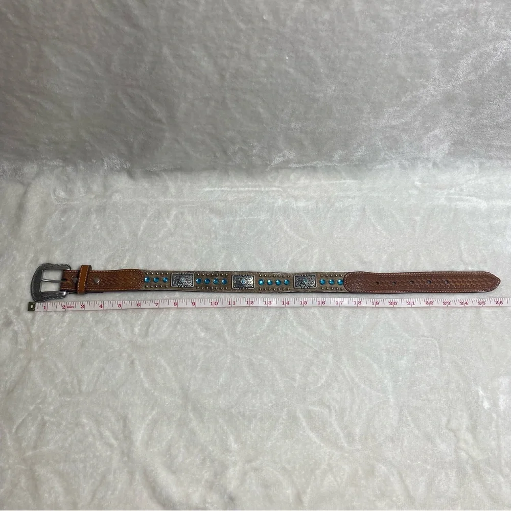 NOCONA Kids Leather Calf-hair Belt Blue Rhinestones Brown Western Cowboy